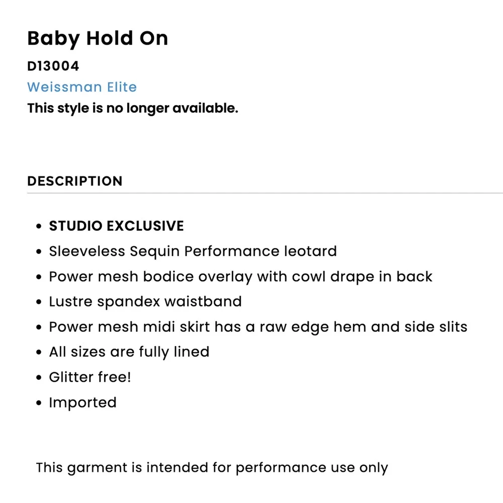 Weissman Elite Baby Hold On LC (14-16) Black Sequin Performance Leotard D13004